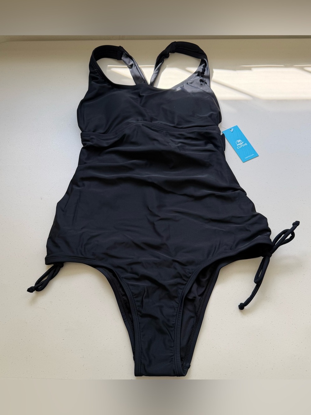 CUPSHE Black Ruched One Piece Swimsuit Crossback Lined Womens Size S